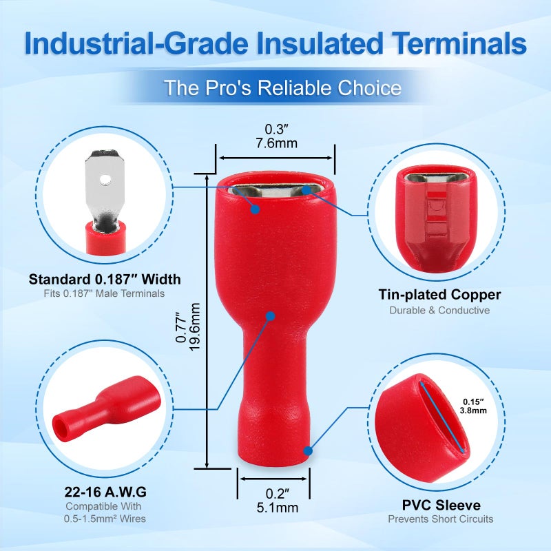 Baomain 100-Pack 0.187" Female Quick Disconnect Spade Terminals, 22-16 AWG 4.8mm (3/16 inch), Fully Insulated Crimp Connectors Red - Image 2